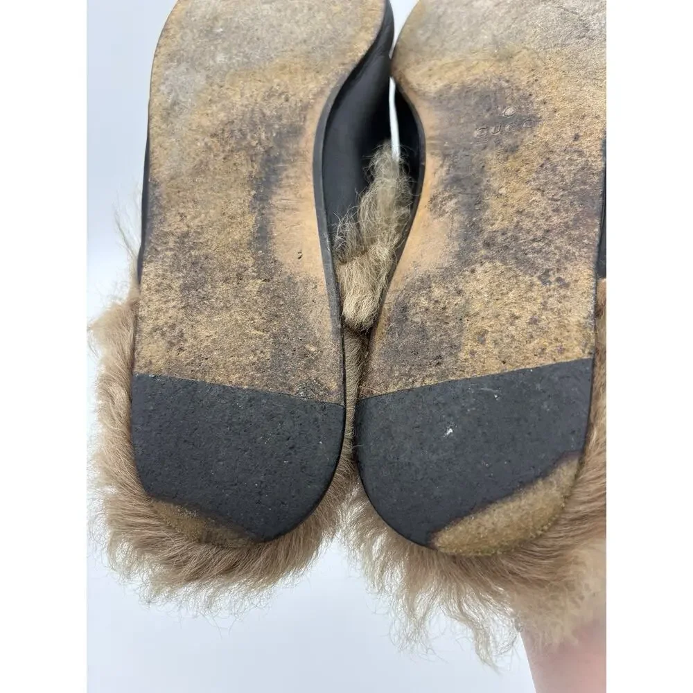 Gucci Princetown Loafer Black Leather Rose Embroidered Horsebit Size 38 / 8 Fur - Picture 8 of 16
